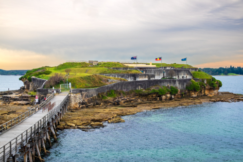 Bare Island and the wooden bridge - Australian Stock Image