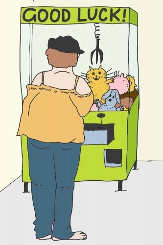 Barefoot woman trying to win soft toy at coin slot machine - Australian Stock Image