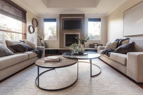 Beautiful family room styled in beige and neutral textures