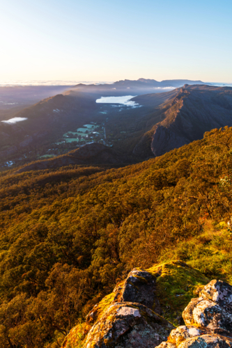 Beautiful sunrise view above Halls Gap village viewed from Boroka Lookout, Grampians, Victoria - Australian Stock Image