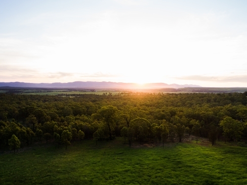 Beautiful sunset light over landscape of trees and farm land in Hunter Valley - Australian Stock Image