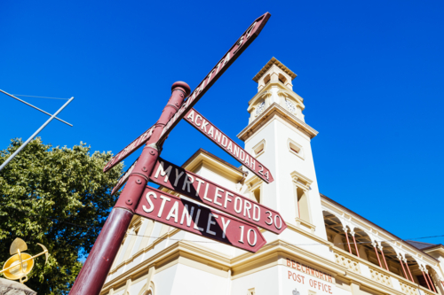 BEECHWORTH, AUSTRALIA - JANUARY 1 2025: Historic Beechworth Post Office and signage in summer - Australian Stock Image