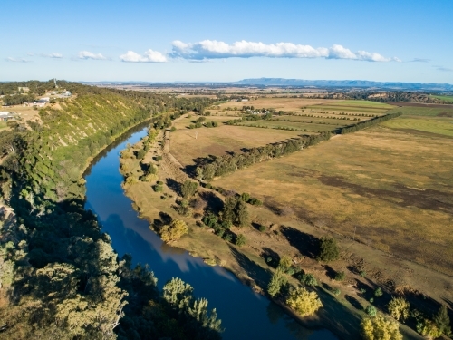 Bend in Hunter River near Singleton and farms on Long Point - Australian Stock Image