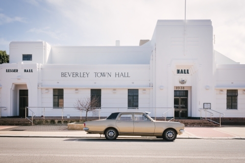 Beverley Town Hall old buiilding and vintage Holden in the Avon Valley in Western Australia