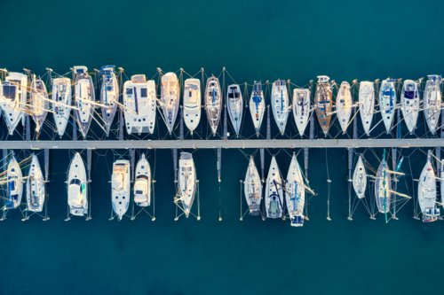 Bird's eye view of yachts moored in rows in Fremantle Marina - Australian Stock Image