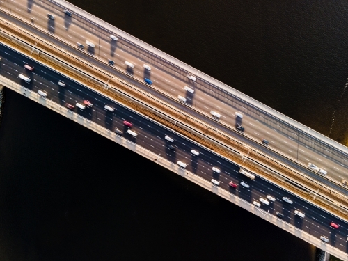 Birds eye view of cars travelling on Narrows Bridge, Perth - Australian Stock Image