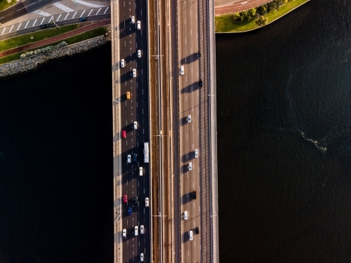 Birds eye view of cars travelling on Narrows Bridge, Perth