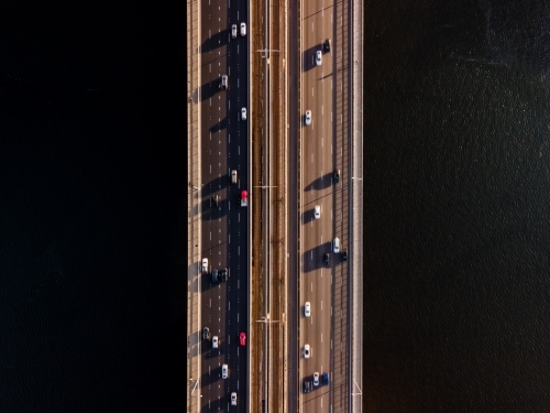Birds eye view of cars travelling on Narrows Bridge, Perth