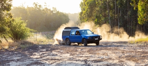 blue ute causing dust driving on dirt near forest