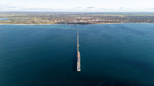 Blue Whale murals on a wooden Busselton Jetty - Australian Stock Image