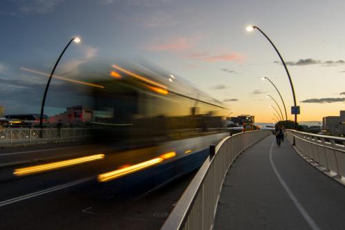 blurry image of bus on its way to the city - Australian Stock Image