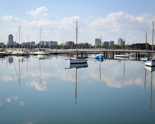 Boat reflections at St Kilda harbor - Australian Stock Image