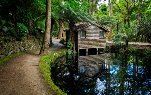 Boat shed beside a lake in a forest