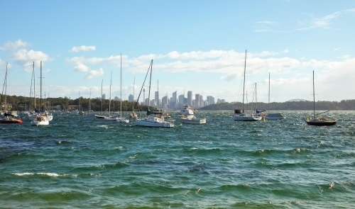 Boats anchored on Watson's Bay, with the city skyline in the horizon - Australian Stock Image
