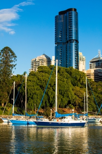 Boats moored along the Brisbane River near the City Botanic Gardens - Australian Stock Image