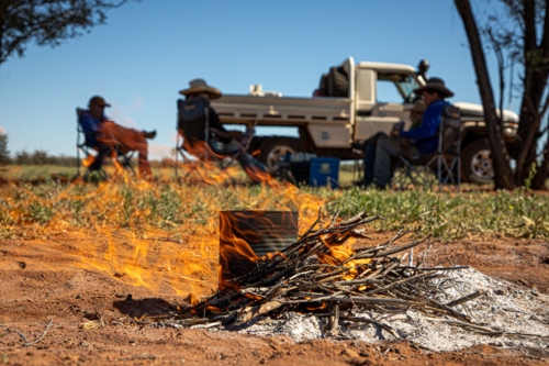 Boiling a billy on a campfire during lunch camp - Australian Stock Image