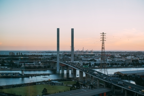 Bolte Bridge at sunset with ocean - Australian Stock Image