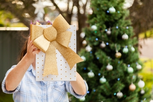 Box and bow Christmas gift held out a re-usable eco friendly wrapping - Australian Stock Image