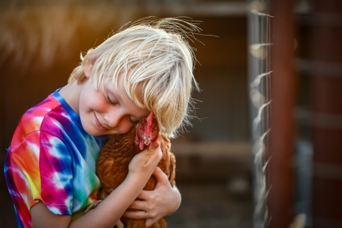 Boy holding isa brown chook in loving hug with eyes closed - Australian Stock Image
