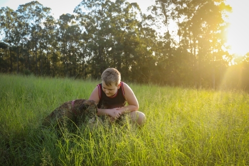 Boy sitting in long grass with American Bulldog at sunset