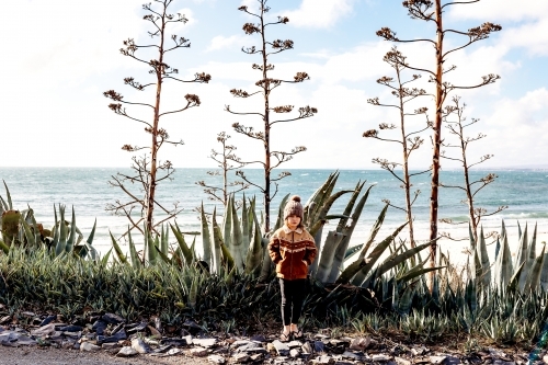 Boy standing in front of cactuses by the ocean