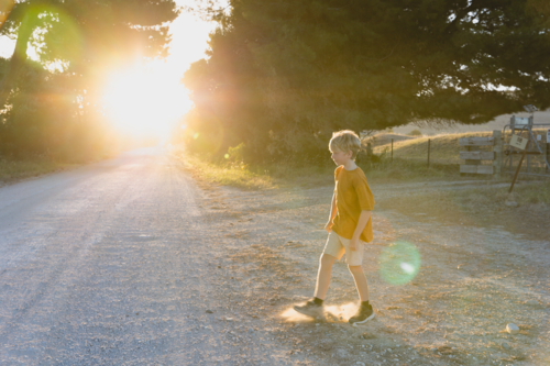 Boy walking on quiet country road near farm - Australian Stock Image