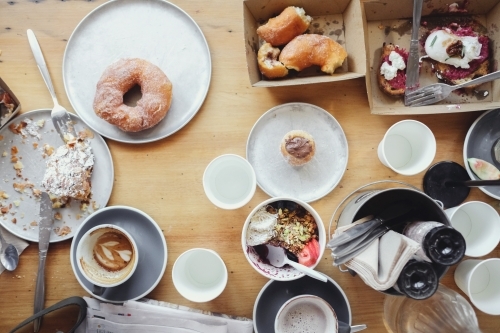 Breakfast on wooden table - Australian Stock Image