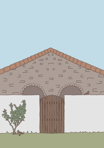 Brick house behind white wall and brown gate with ducks and blue sky - Australian Stock Image