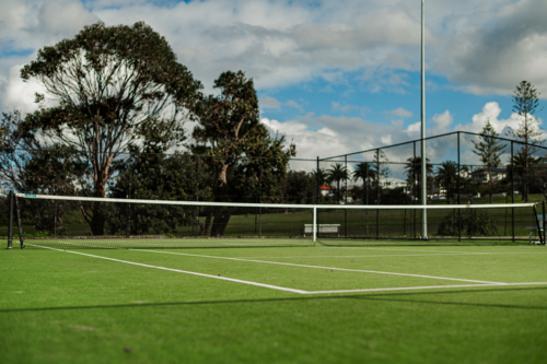 Bright tennis court set in a park surrounded by palm trees in soft light - Australian Stock Image