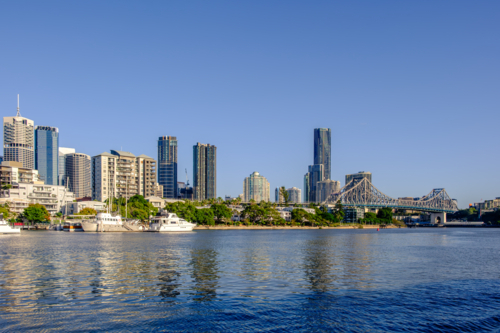Brisbane CBD and Kangaroo Point as seen from a Citycat Ferry - Australian Stock Image