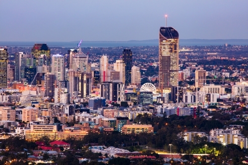 Brisbane city skyline at dusk as seen from Mt Coot-tha. - Australian Stock Image