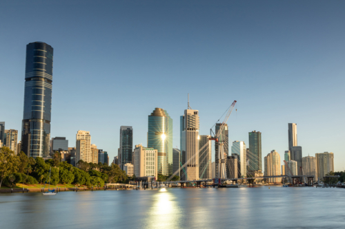 Brisbane city skyline with river in foreground - Australian Stock Image