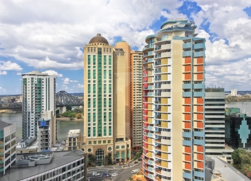 Brisbane high rise buildings overlooking the Storey Bridge and Brisbane River - Australian Stock Image