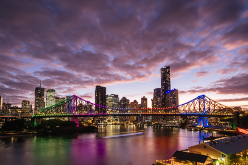 Brisbane skyline and Story Bridge from the suburb of New Farm and Wilson Outlook Reserve. - Australian Stock Image