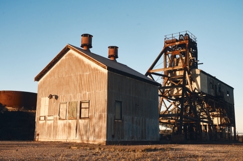 Broken Hill poppet head and mining infrastructure at sunrise