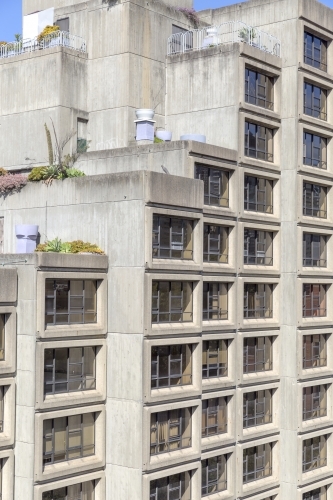 Brutalist concrete apartment facade