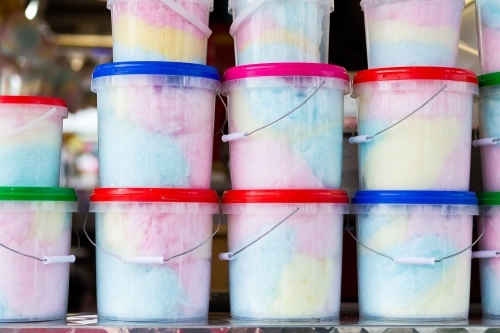 Buckets of fairy floss on display in food truck at showground during country show - Australian Stock Image