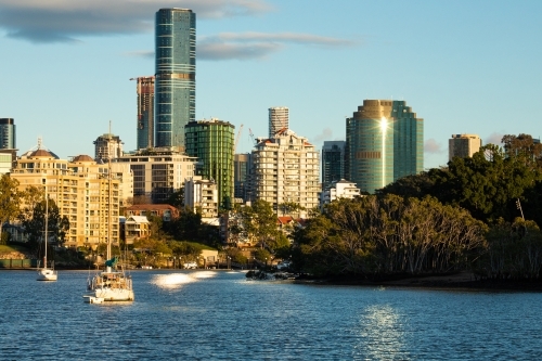 Buildings of Brisbane city along the Brisbane River adjacent to the City Botanic Gardens