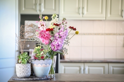 Bunch of cottage flowers on display in country kitchen - Australian Stock Image