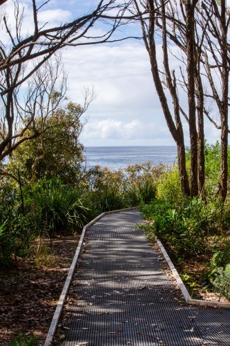 Bush boardwalk opening to ocean horizon - Australian Stock Image