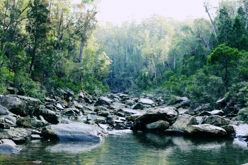 Bushland and rocks with a river in the foreground