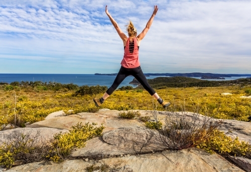 Bushwalking along coastal headlands filled with flowering wildflowers in spring - Australian Stock Image