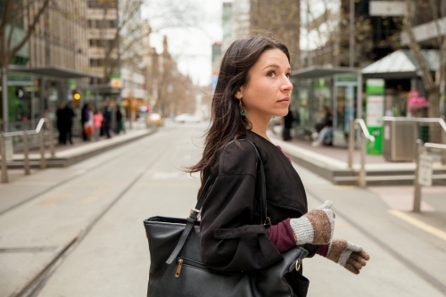 Business Woman Crossing Bourke Street - Australian Stock Image
