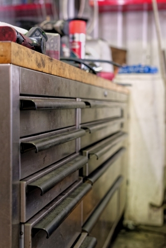 Cabinet at a mechanic's workshop for luxury cars on the Gold Coast - Australian Stock Image