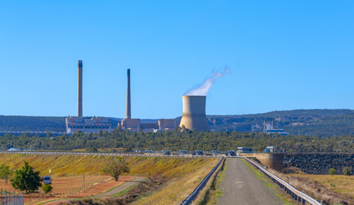 Callide Power Station with the Callide Dam in the foreground - Australian Stock Image