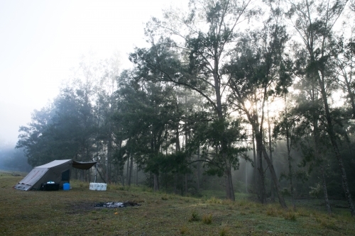 Camping in winter in the Fog - Australian Stock Image