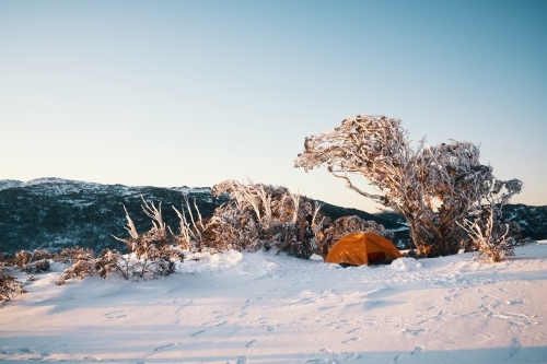 Campsite overlooking snowy landscape at dawn - Australian Stock Image
