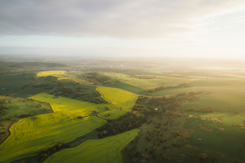 Canola and bush landscape over the Avon Valley in Western Australia at sunrise - Australian Stock Image