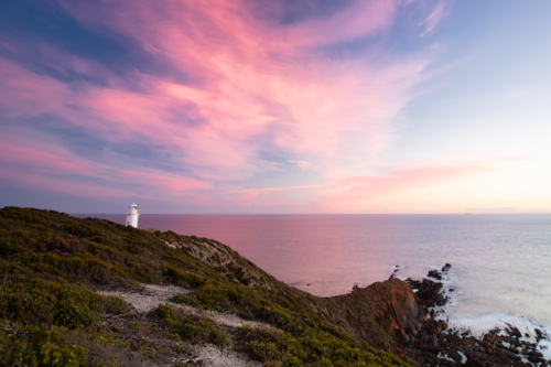 Cape Liptrap lighthouse at sunset on the Bass Coast near Walkerville in Victoria, Australia - Australian Stock Image
