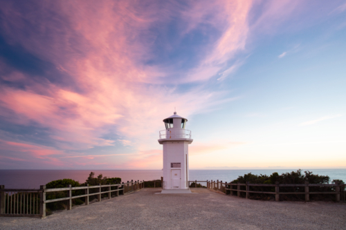 Cape Liptrap lighthouse at sunset on the Bass Coast near Walkerville in Victoria, Australia - Australian Stock Image